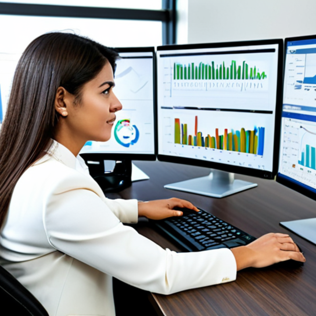 A professional female financial specialist in a modest business suit, sitting at a modern desk in a well-lit municipal office. She is looking at multiple large screens displaying complex financial data visualizations, charts, and Business Intelligence dashboards, showcasing advanced analytics and strategic planning. Her hands are naturally placed on a keyboard, conveying deep engagement and analytical thought. The background shows a clean, organized office environment with subtle technological elements. The overall image emphasizes high-level data analysis and strategic decision-making in public finance. fully clothed, appropriate attire, safe for work, perfect anatomy, correct proportions, natural pose, well-formed hands, proper finger count, natural body proportions, professional, high quality, family-friendly content.