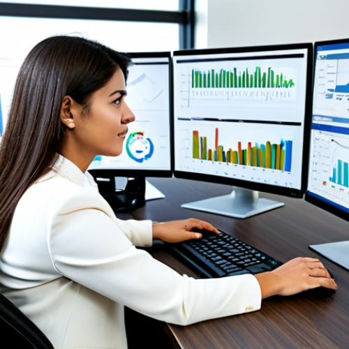 Home 4 A professional female financial specialist in a modest business suit, sitting at a modern desk in a well-lit municipal office. She is looking at multiple large screens displaying complex financial data visualizations, charts, and Business Intelligence dashboards, showcasing advanced analytics and strategic planning. Her hands are naturally placed on a keyboard, conveying deep engagement and analytical thought. The background shows a clean, organized office environment with subtle technological elements. The overall image emphasizes high-level data analysis and strategic decision-making in public finance. fully clothed, appropriate attire, safe for work, perfect anatomy, correct proportions, natural pose, well-formed hands, proper finger count, natural body proportions, professional, high quality, family-friendly content.