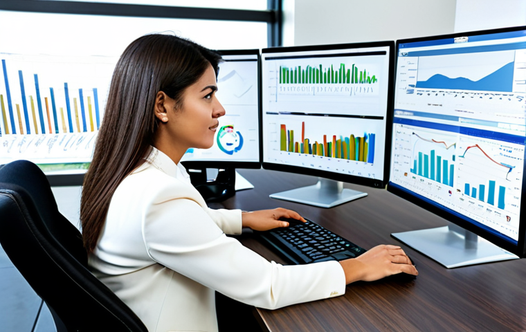 A professional female financial specialist in a modest business suit, sitting at a modern desk in a well-lit municipal office. She is looking at multiple large screens displaying complex financial data visualizations, charts, and Business Intelligence dashboards, showcasing advanced analytics and strategic planning. Her hands are naturally placed on a keyboard, conveying deep engagement and analytical thought. The background shows a clean, organized office environment with subtle technological elements. The overall image emphasizes high-level data analysis and strategic decision-making in public finance. fully clothed, appropriate attire, safe for work, perfect anatomy, correct proportions, natural pose, well-formed hands, proper finger count, natural body proportions, professional, high quality, family-friendly content.